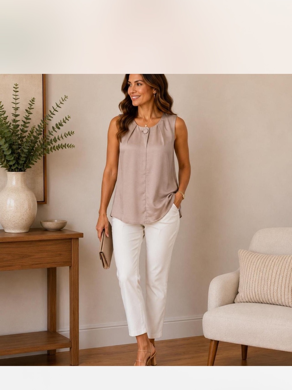 Cabi NWOT Bloom Button Up Blouse Fawn Tan Size Large Style 3603 Sleeveless Satin